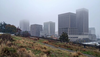 Obraz premium Foggy Urban Landscape with Tall Buildings in the Cityscape