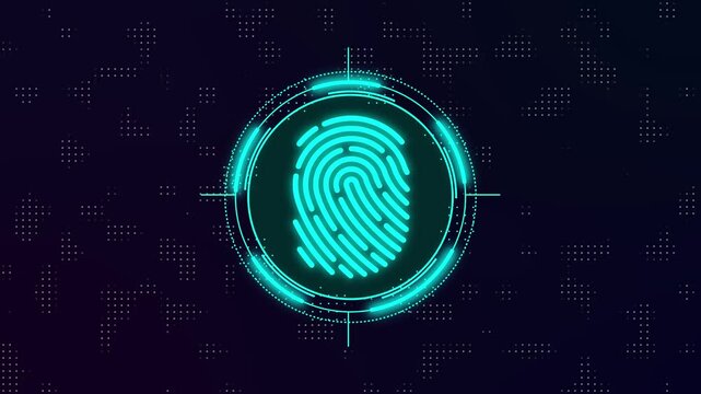 Fingerprint Scanning Digital Biometric Security System animation Background. Animation of screen with viewfinder, fingerprint and data processing concept.
