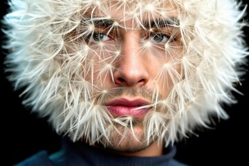 A man is like a dandelion with white seeds on his head