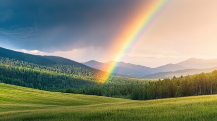 Obraz premium Summer rainbow stretching across a mountain valley, bringing a magical glow after a summer rain.