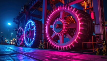 Fototapeta premium Colorful Industrial Gears with Neon Lights at Night with Blue and Pink