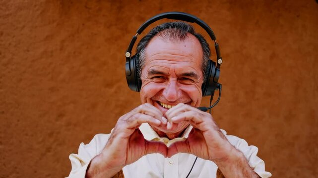 Smiling senior man with headset making heart gesture with hands against rustic brown wall