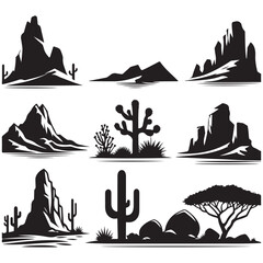 Desert Landscape Vector Illustration with Cactus and Mountain Range Elements