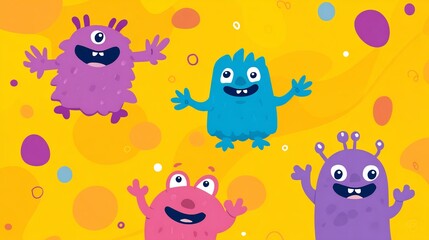 Obraz premium Whimsical cartoon monsters against a bright yellow backdrop with colorful circles