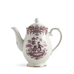 Ornate porcelain teapot with pastoral scene isolated on white background