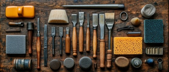 Assortment of leather crafting tools lie meticulously arranged on rustic wooden surface, reflecting dedication to artisanal skills.