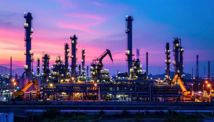 Obraz premium Industrial Landscape with Refineries and Smokestacks at Sunset