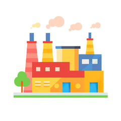 Transparent - background, flat - style illustration of a colorful factory, perfect for industrial - themed designs, manufacturing - company branding,