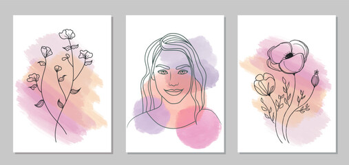 Set of Abstract flowers  decorations with a woman