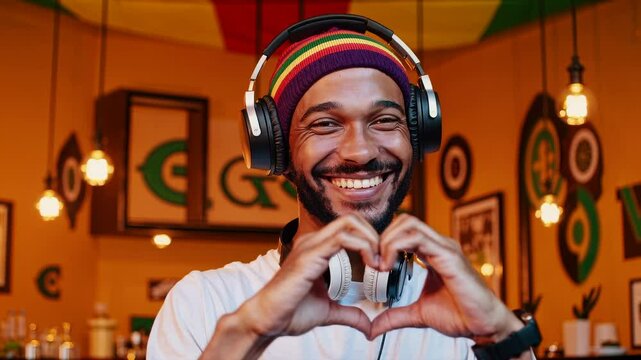 Smiling man with headphones making heart gesture with hands in colorful reggae-themed cafe