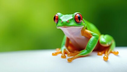 Obraz premium Green tree frog perched on white, vibrant skin, reptile, wet