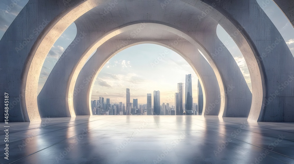 Poster コンクリートアーチ型のモダンデザインの建物から見える都市景観 青い空と夕日の光が差し込む未来的な都市のパノラマ
