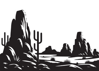 Desert landscape silhouette illustration with cactus and rocky mountains