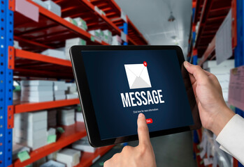 Email notification message showing on computer screen snugly. Digital marketing message information text from business to customer client