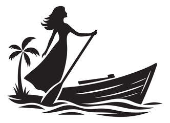 Tropical getaway silhouette with woman in boat illustration vector