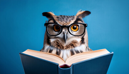 an owl wearing glasses reading a book on a blue background symbolizing wisdom and knowledge