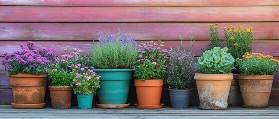 Row of flower pots containing various flowers and plants are displayed against a rustic wooden background, creating a peaceful and vibrant ambiance.