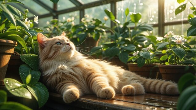 Fluffy ginger cat relaxing amidst lush greenery in a sun-drenched greenhouse. A peaceful moment of feline tranquility. - Powered by Adobe
