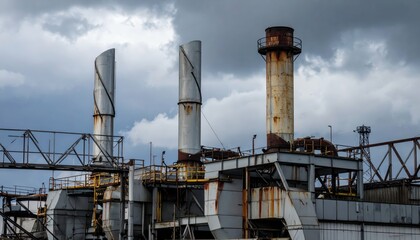 Obraz premium Industrial Power Plant with Tall Smokestacks Against Cloudy Sky