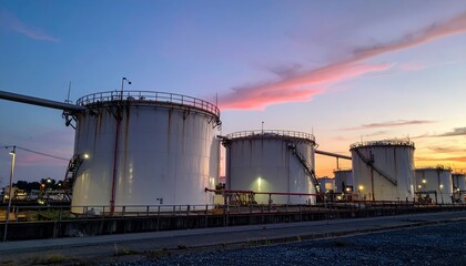 Obraz premium Industrial Oil Storage Tanks Against a Beautiful Sunset Sky