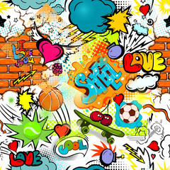 Seamless background street graffiti. hand drawing. Not AI, Vector illustration