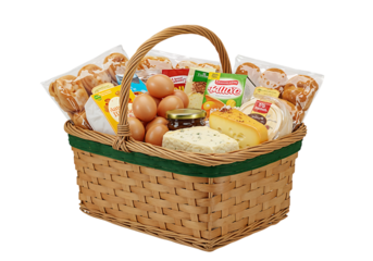 Full wicker basket of groceries, eggs, cheese, bread.