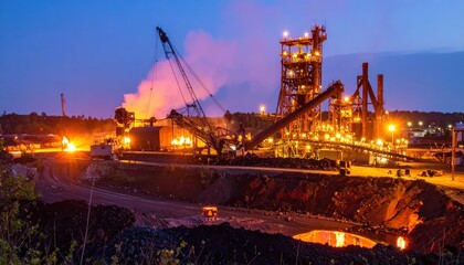 Industrial Night Scene with Burning Furnaces and Heavy Machinery