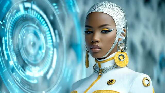 Futuristic woman in high-tech outfit with digital interface background. 4K video