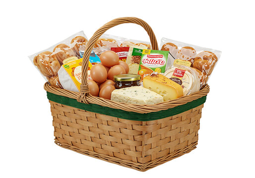 Full wicker basket of groceries, eggs, cheese, bread.