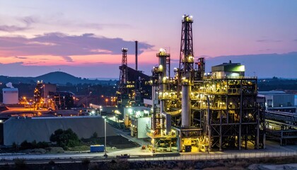 Fototapeta premium Industrial Complex at Dusk with Illuminated Machinery and Sky