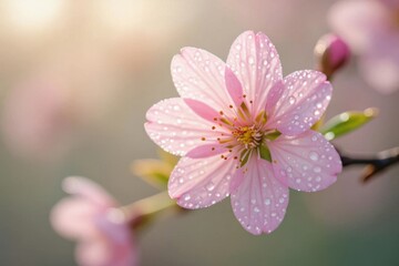 Sakura macro shot. A pink flower with dew drops on it