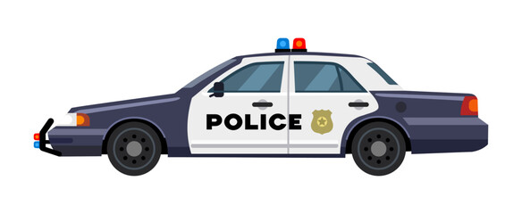American police car on a white background, side view. Vector illustration.