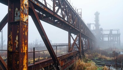 Fototapeta premium Rusty Industrial Structure in Fog with Overgrown Vegetation