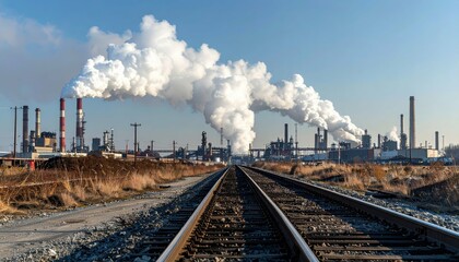 Fototapeta premium Industrial Landscape with Smokestacks Emitting Thick White Smoke