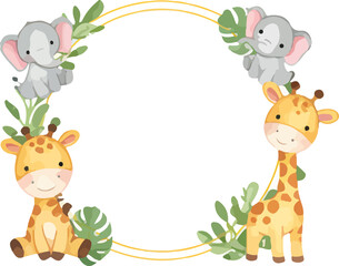 Naklejka premium Set of cute watercolor frames in round and square shapes, decorated with jungle animals like lions, giraffes, and elephants, on a white background.