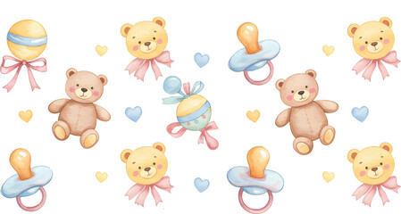 Obraz premium Seamless watercolor pattern of baby toys like rattles, pacifiers, and plush teddy bears in soft pastel tones, hand-painted on white background.