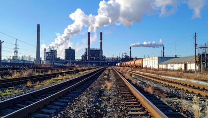 Fototapeta premium Industrial Landscape with Smoke Stacks and Railway Tracks