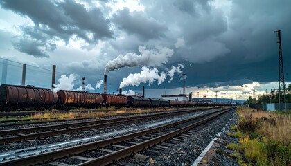Fototapeta premium Industrial Scene with Smoke and Train Tracks Under Dramatic Sky