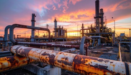Industrial Landscape with Rusty Pipes and Vivid Sunset Skies