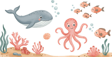 Fototapeta premium Cute watercolor undersea theme with smiling sea animals like whales, octopuses, and fish, painted in soft tones for children’s decor.