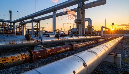 Naklejka premium Industrial Pipeline System at Sunrise in Oil and Gas Facility