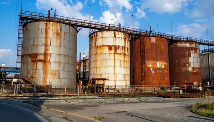 Obraz premium Rusty Industrial Tanks Against Blue Sky in Urban Landscape
