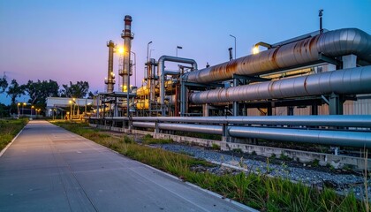 Naklejka premium Industrial Pipeline and Equipment at Dusk with Soft Lighting Effects