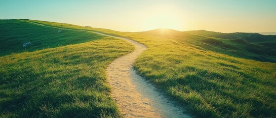 Fototapeta premium Path stretches across grassy hills, illuminated by golden sunlight, creating serene, pastoral atmosphere.
