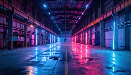 Fototapeta premium Vibrant Neon Lights Illuminate Empty Warehouse Interior at Night