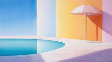 Summer watercolor depiction of a poolside scene, with vibrant colors blending beautifully.