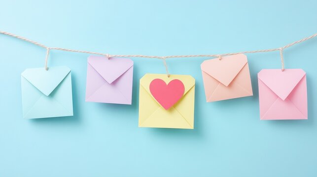 Love letters on string with pastel envelopes and empty cards - minimalist romantic decor with soft colors, sweet aesthetic, artistic expression of love