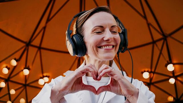 Smiling woman with headphones making heart gesture with hands under geometric dome with hanging lights