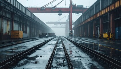 Fototapeta premium Industrial Warehouse with Tracks and Cranes in Foggy Atmosphere