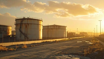 Obraz premium Industrial Storage Tanks Under Golden Sunset with an Open Road